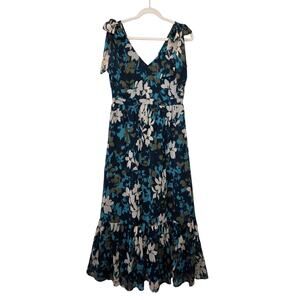 NWT LOFT Beige/Teal Floral Ruffle with Shoulder-Ties Dress
